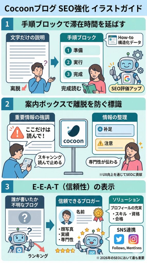 「手順ブロック」で滞在時間を延ばし、SEO評価を高める