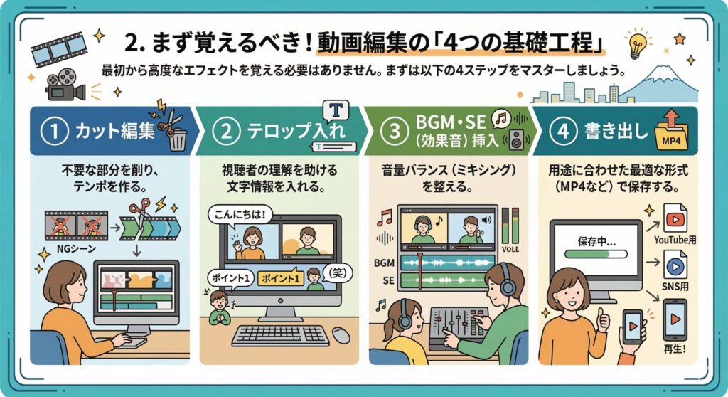まず覚えるべき！動画編集の「4つの基礎工程」